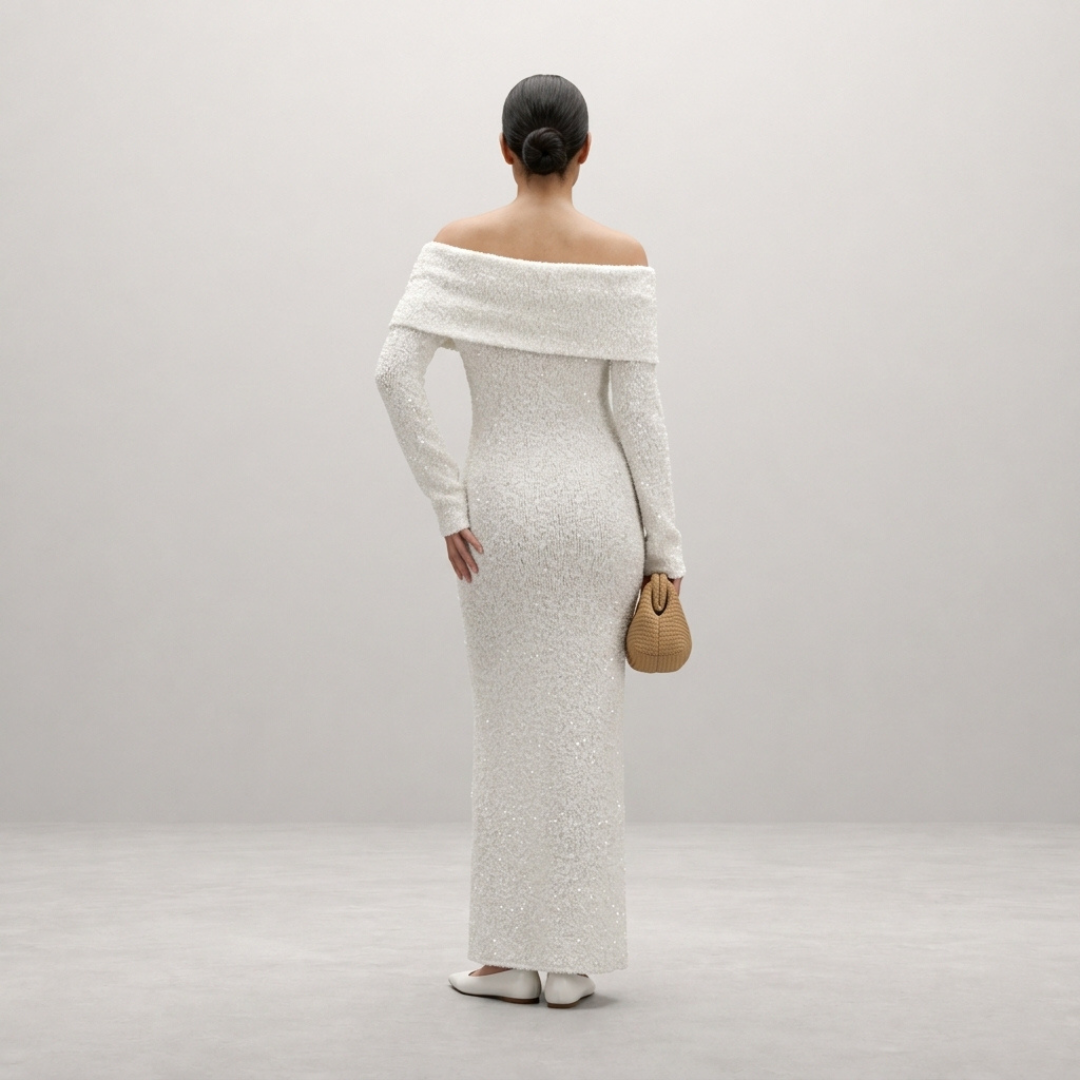 Selene – Elegant off-shoulder evening dress with shimmering finish