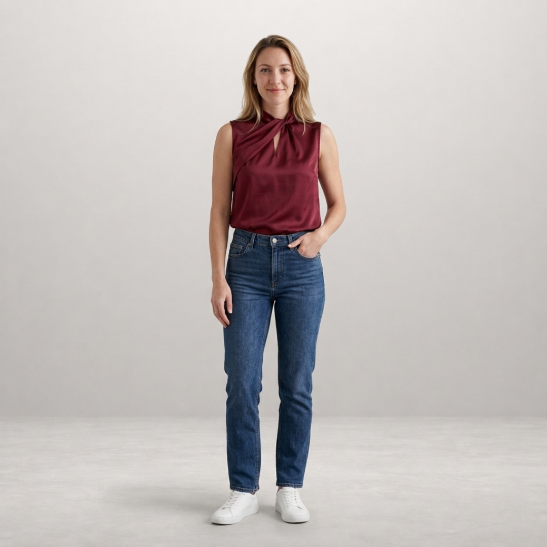 Selene – Elegant satin blouse with refined twisted neckline
