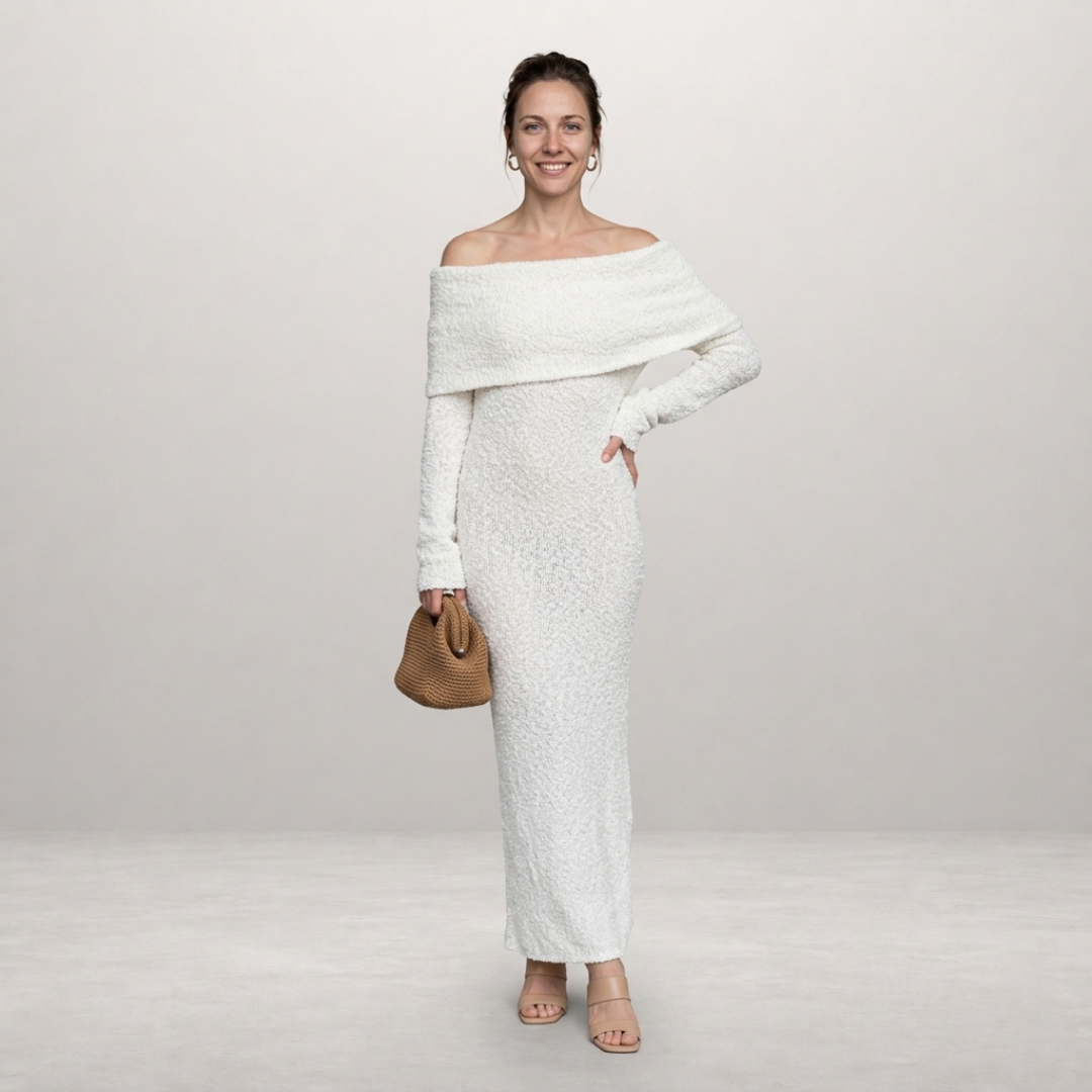 Selene – Elegant off-shoulder evening dress with shimmering finish