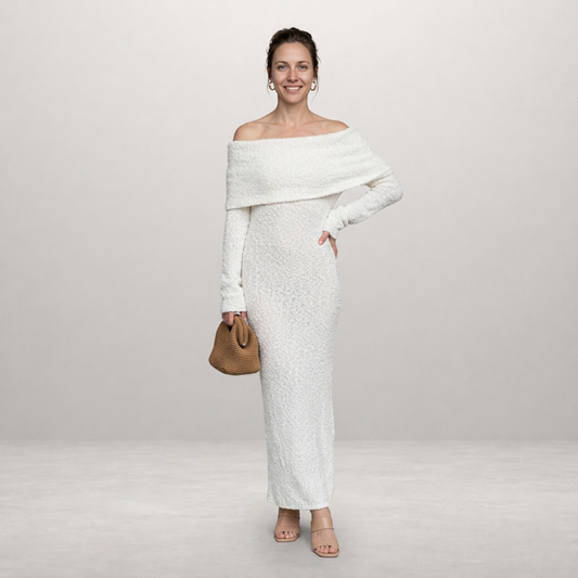 Selene – Elegant off-shoulder evening dress with shimmering finish