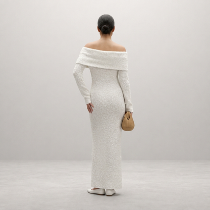 Selene – Elegant off-shoulder evening dress with shimmering finish