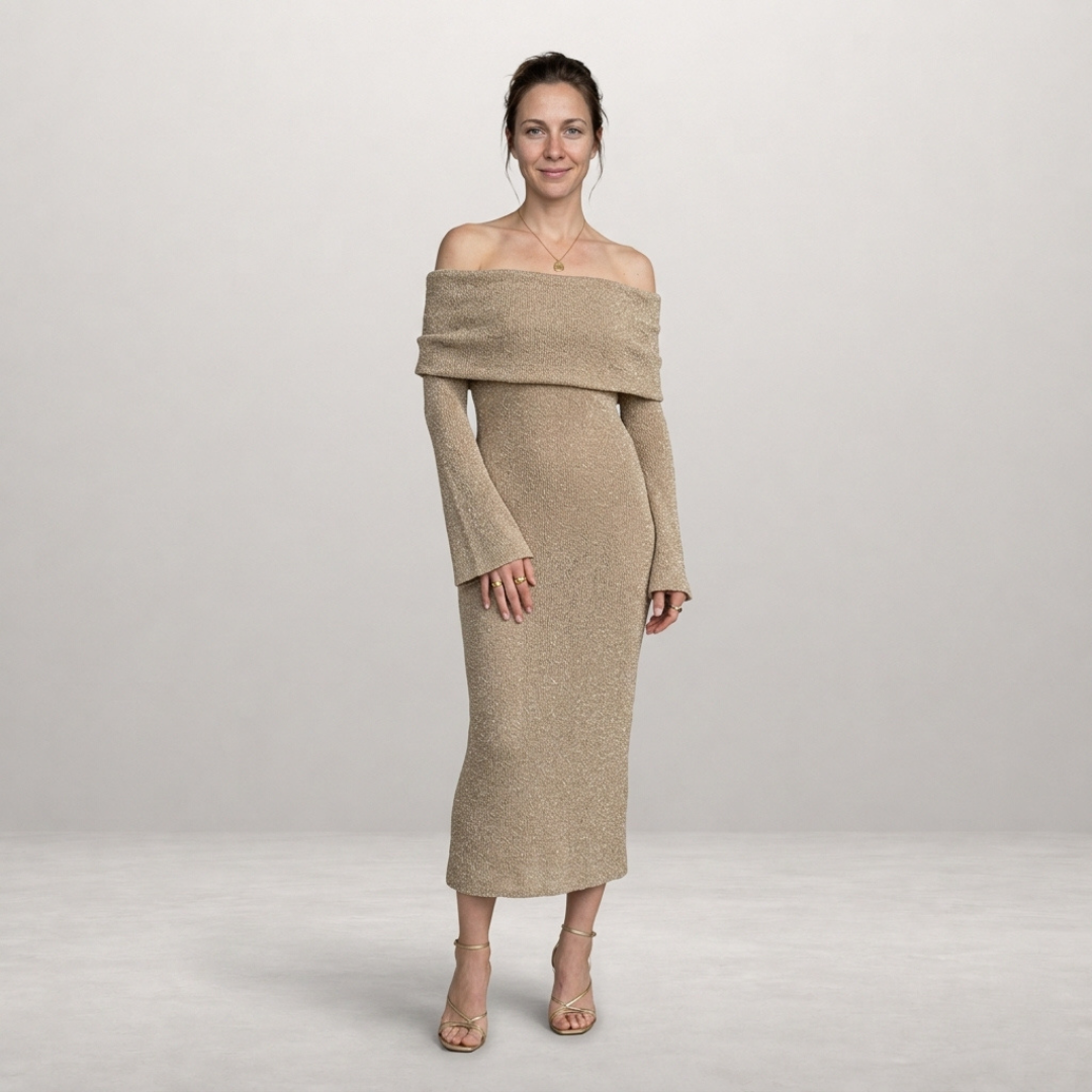 Selene – Elegant off-shoulder evening dress with shimmering finish