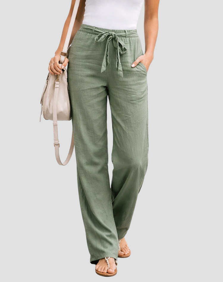 Wide Leg Linen Trousers with Drawstring Waist for women
