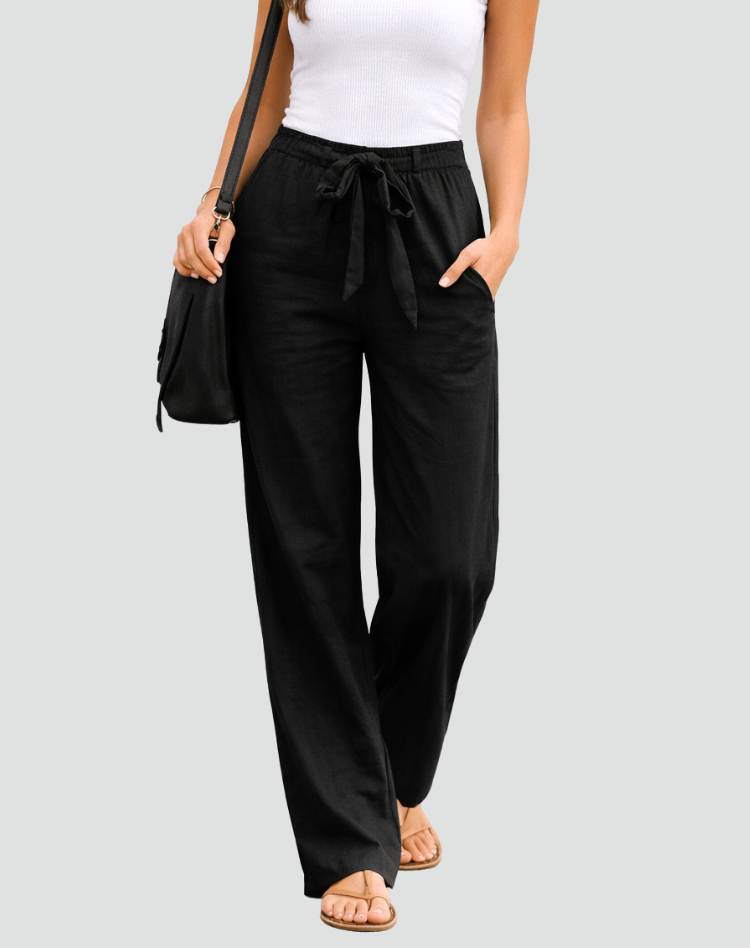 Wide Leg Linen Trousers with Drawstring Waist for women