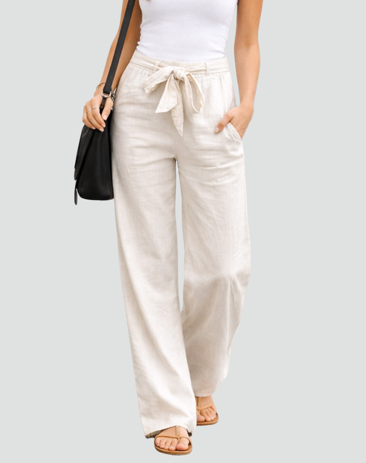 Wide Leg Linen Trousers with Drawstring Waist for women