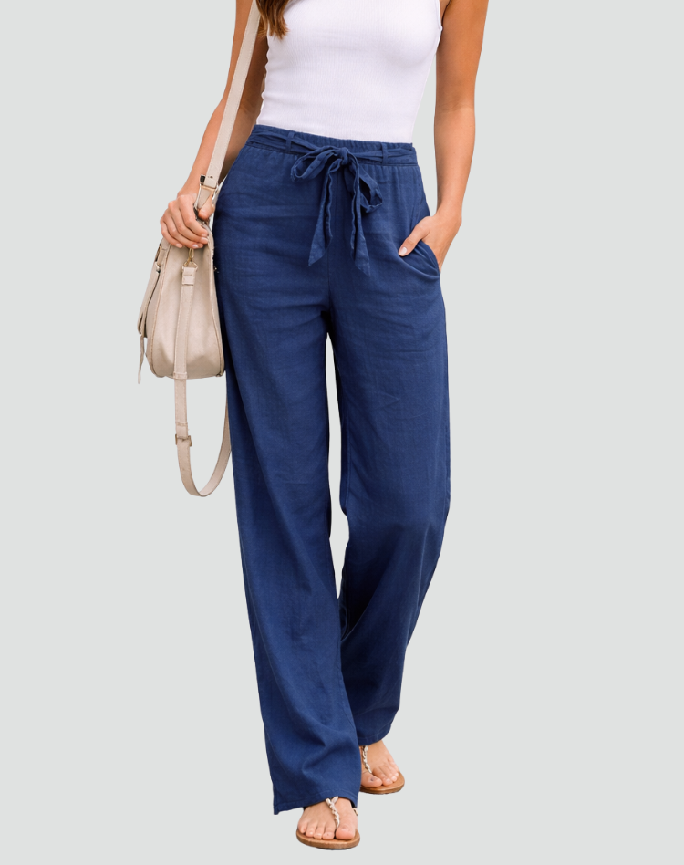Wide Leg Linen Trousers with Drawstring Waist for women