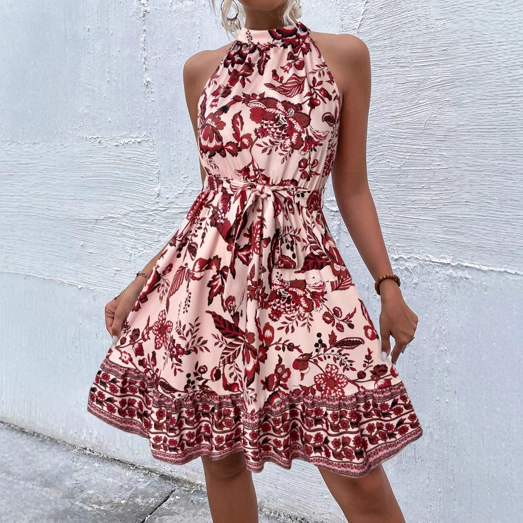 Floral Halter Midi Dress with Tie Waist and A-Line Skirt for women