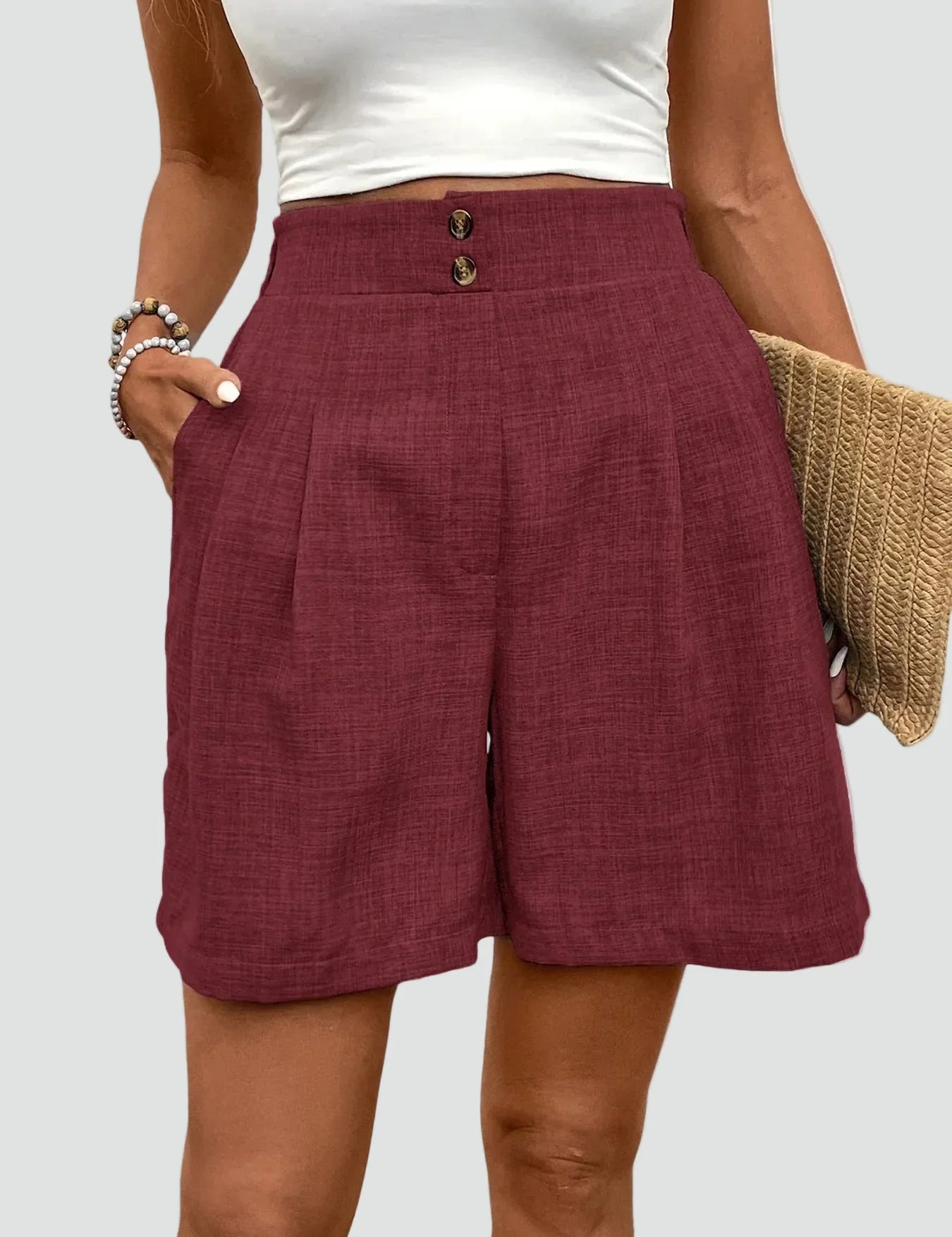 Linen High Waist Pleated Shorts for Women