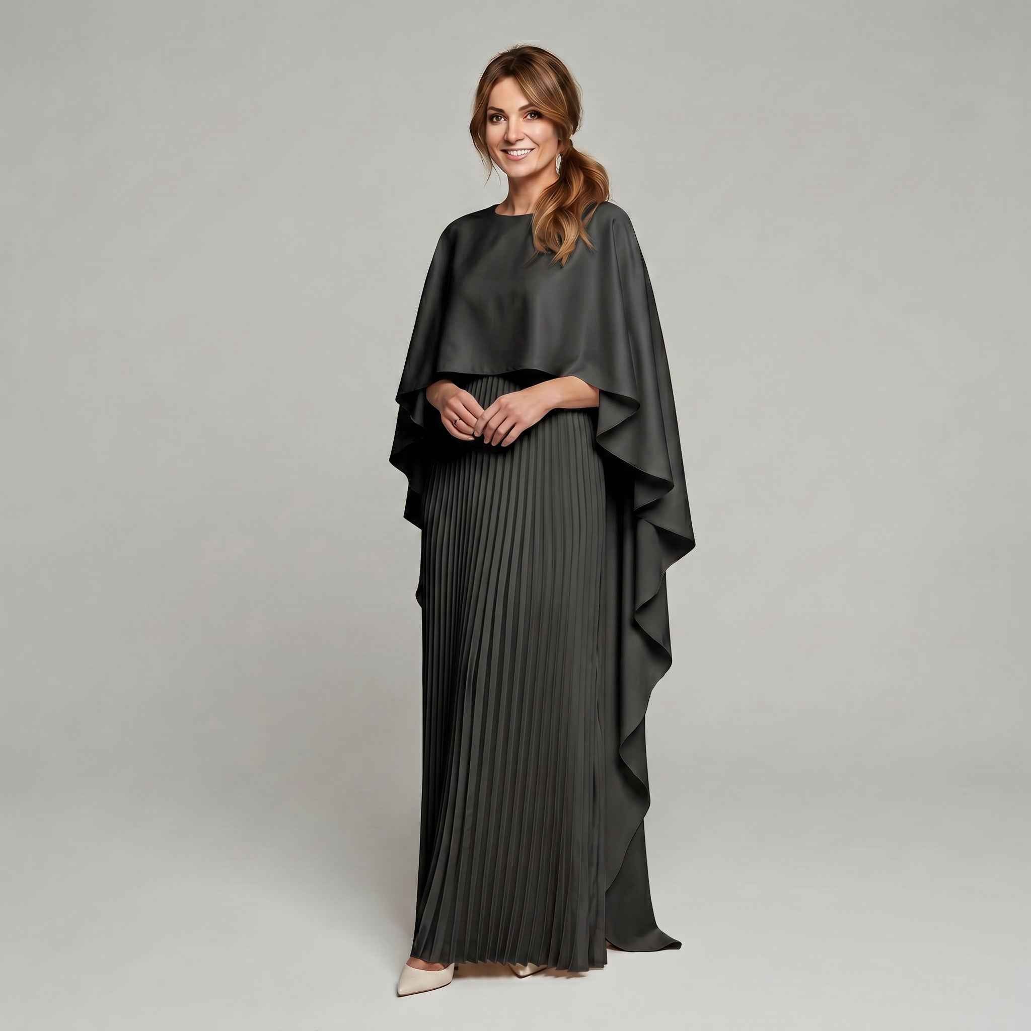 Pleated Maxi Dress with Cape Overlay and Flared Hem for women