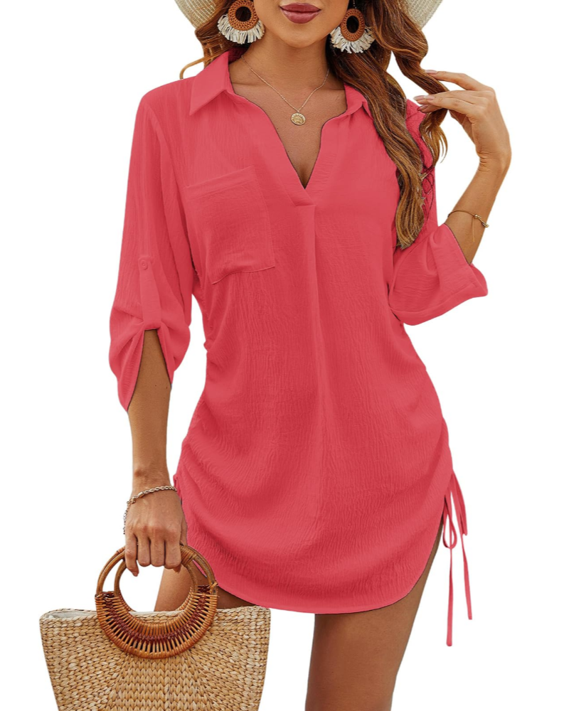 Shirt Dress with Drawstring Waist and Collar for Women
