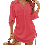 Shirt Dress with Drawstring Waist and Collar for Women