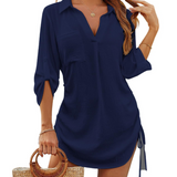 Shirt Dress with Drawstring Waist and Collar for Women