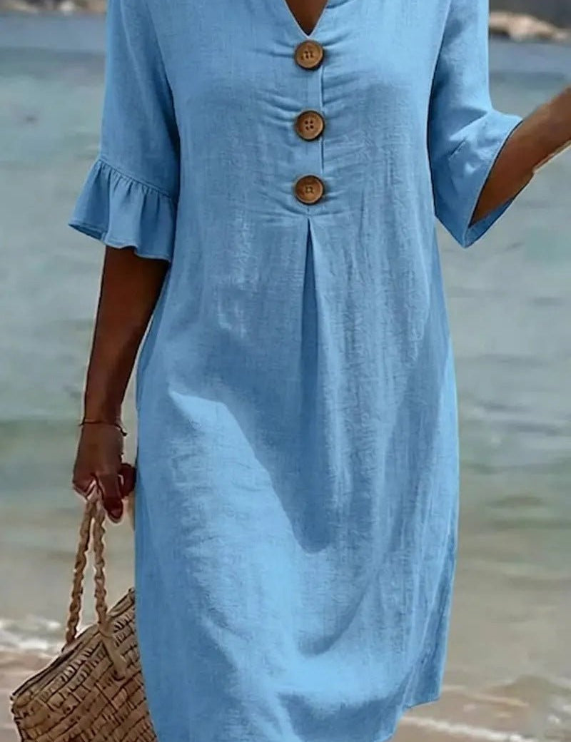Linen Button-Front Midi Dress with Short Sleeves for Women