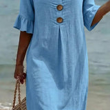 Linen Button-Front Midi Dress with Short Sleeves for Women