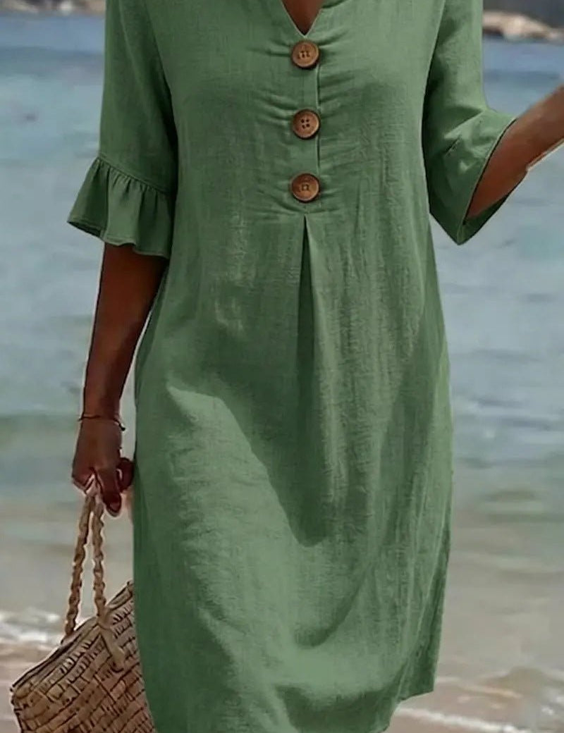 Linen Button-Front Midi Dress with Short Sleeves for Women