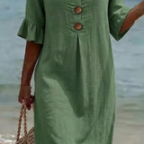 Linen Button-Front Midi Dress with Short Sleeves for Women