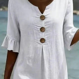 Linen Button-Front Midi Dress with Short Sleeves for Women
