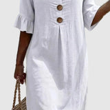 Linen Button-Front Midi Dress with Short Sleeves for Women