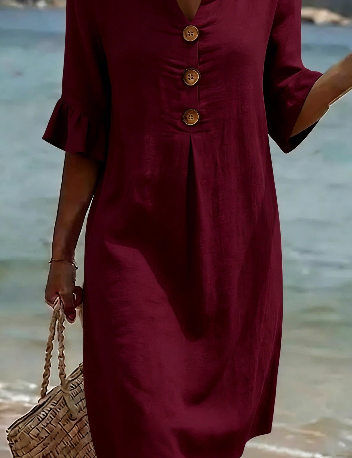 Linen Button-Front Midi Dress with Short Sleeves for Women
