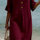 Linen Button-Front Midi Dress with Short Sleeves for Women