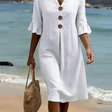 Linen Button-Front Midi Dress with Short Sleeves for Women