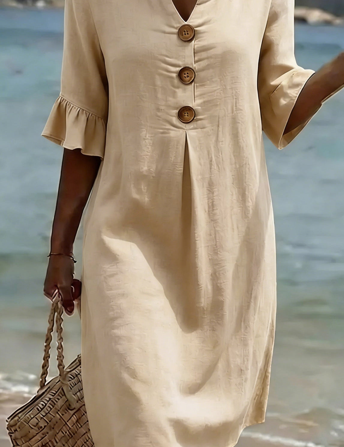 Linen Button-Front Midi Dress with Short Sleeves for Women