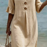 Linen Button-Front Midi Dress with Short Sleeves for Women