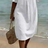 Linen Button-Front Midi Dress with Short Sleeves for Women