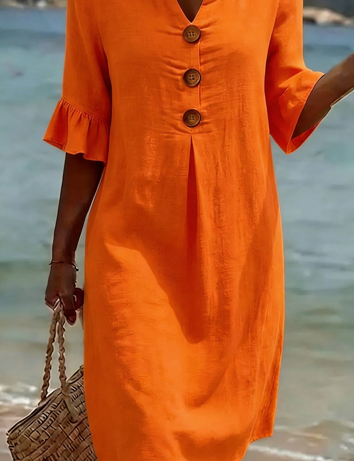 Linen Button-Front Midi Dress with Short Sleeves for Women
