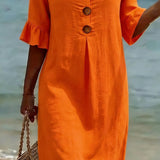 Linen Button-Front Midi Dress with Short Sleeves for Women