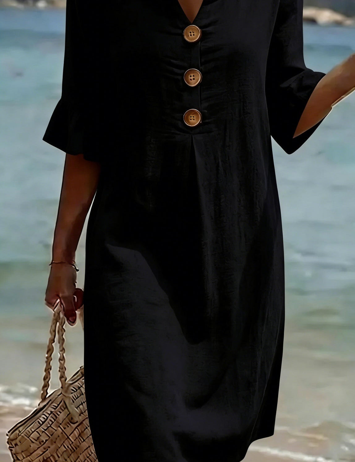 Linen Button-Front Midi Dress with Short Sleeves for Women