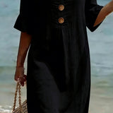 Linen Button-Front Midi Dress with Short Sleeves for Women