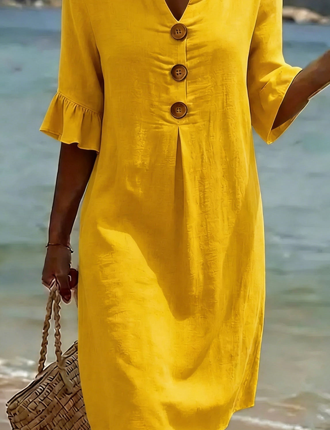 Linen Button-Front Midi Dress with Short Sleeves for Women