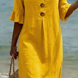 Linen Button-Front Midi Dress with Short Sleeves for Women