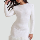 Mini Dress with Feather Trim and Long Sleeves for Women
