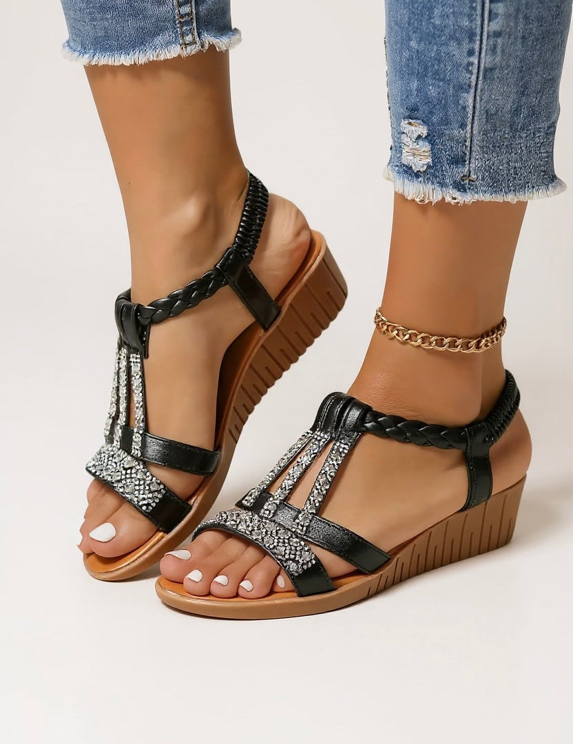 Braided Wedge Sandals with Embellished Straps for Women