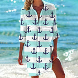 Shirt Dress Tropical Print Adjustable Sleeve Beach Cover-Up for Women