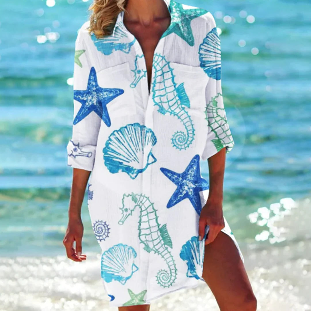 Shirt Dress Tropical Print Adjustable Sleeve Beach Cover-Up for Women