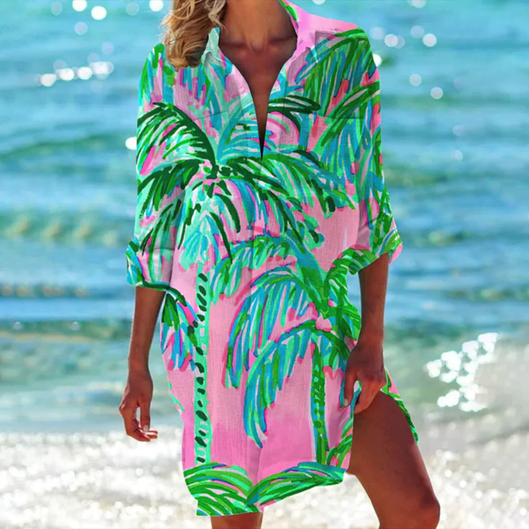 Shirt Dress Tropical Print Adjustable Sleeve Beach Cover-Up for Women