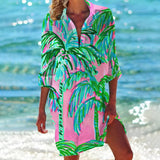 Shirt Dress Tropical Print Adjustable Sleeve Beach Cover-Up for Women