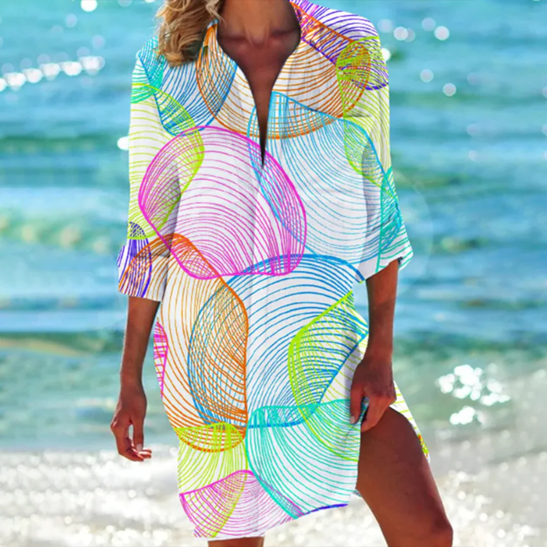 Shirt Dress Tropical Print Adjustable Sleeve Beach Cover-Up for Women