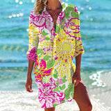 Shirt Dress Tropical Print Adjustable Sleeve Beach Cover-Up for Women