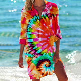 Shirt Dress Tropical Print Adjustable Sleeve Beach Cover-Up for Women