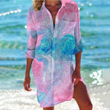 Shirt Dress Tropical Print Adjustable Sleeve Beach Cover-Up for Women