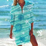 Shirt Dress Tropical Print Adjustable Sleeve Beach Cover-Up for Women