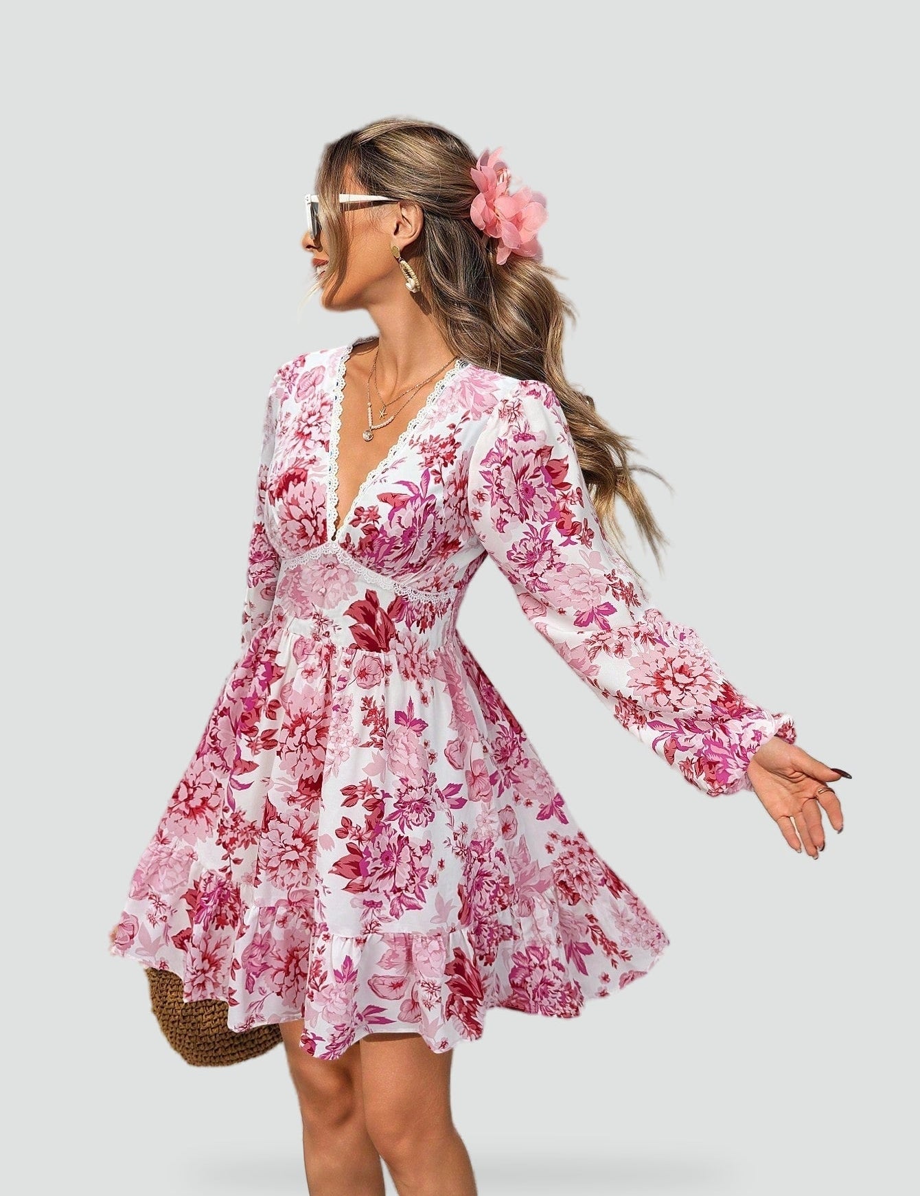 Floral Dress with V-Neckline for Women