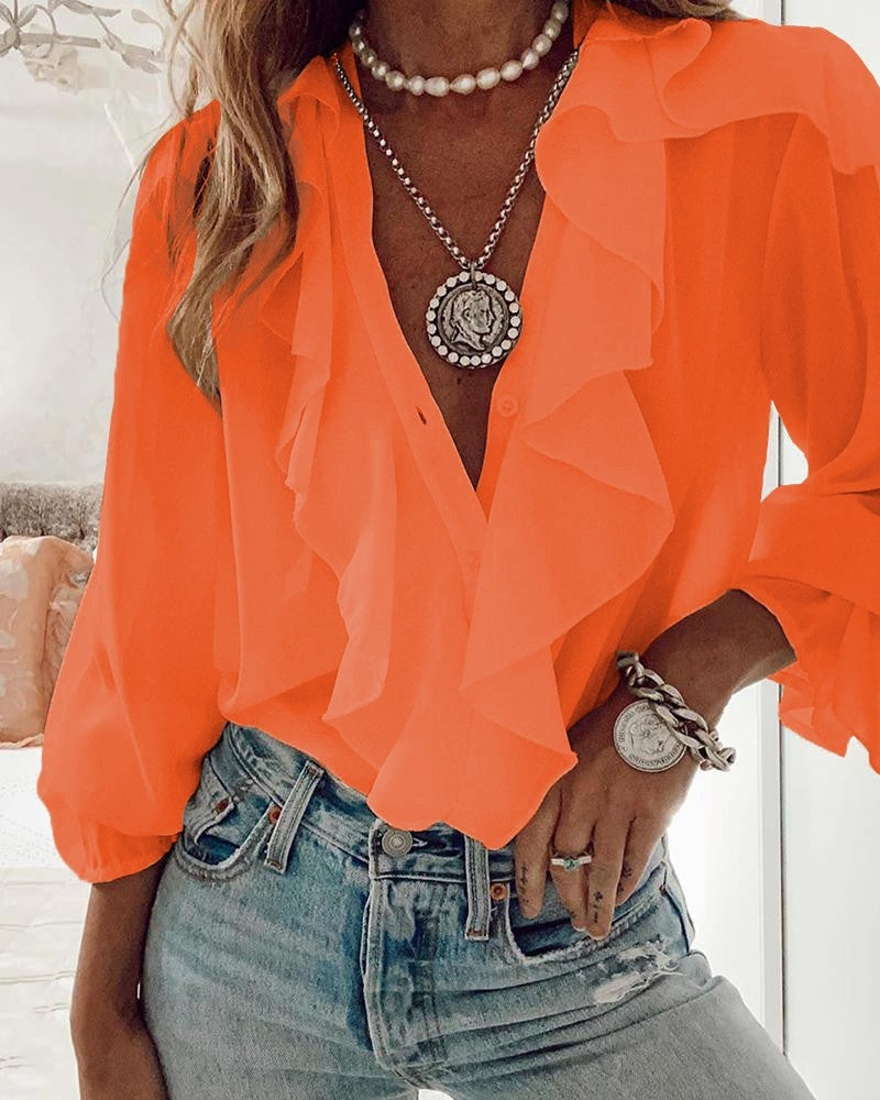 Chiffon Blouse with Ruffled Neckline for Women