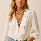 Chiffon Blouse with Ruffled Neckline for Women