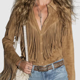 Suede Fringe Long Sleeve Top for Women