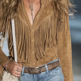 Suede Fringe Long Sleeve Top for Women